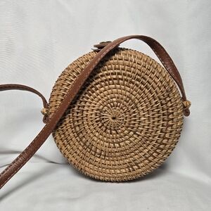 Round Rattan Woven Tan Crossbody Purse